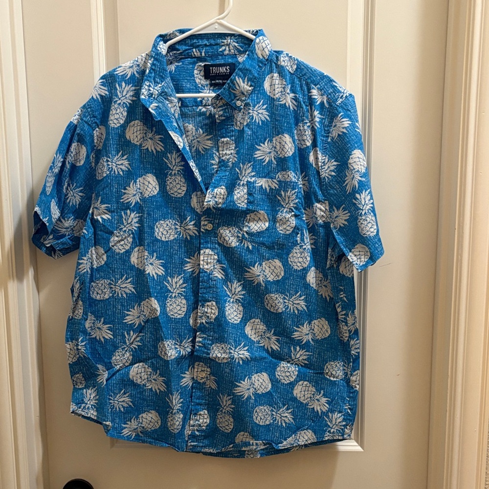 Trunks Blue and White Pineapple Men's Button Down Shirt Tropical Size XL